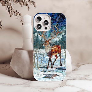 Artic Landscape Art Reindeer Stained Glass Case for iPhone 15 14 13 12 11 X XS, Galaxy S24