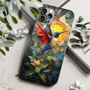 Capa de telefone com design de vitral Hummingbird, capa colorida Hummingbird para iPhone 15 Pro Max, 14 Plus e Samsung S23, S22, Pixel 7, 8