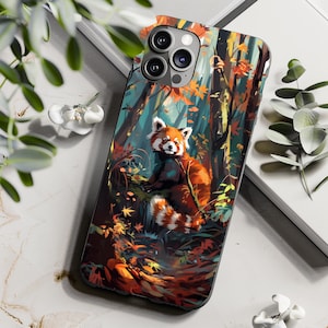 Funda de teléfono Panda rojo de paisaje de dibujos animados, cubierta fuerte adorable, iPhone 15, 14, 13, 12, 11, Samsung S24, S23, Pixel 8 Pro