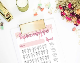 May include: A printable summer reading chart with an ice cream cone theme. The chart has a pink background with gold sprinkles and the words "Summer Reading Chart" in pink. There is a space for a name and a section for a reward. The chart has 30 ice cream cones to color in as a child reads.