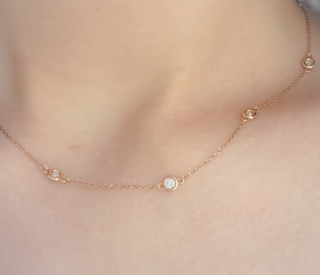 14K White or Yellow Gold Diamond Bezel Strand Necklace, 1.00 or 2.00 CCTW, Genuine Round Lab