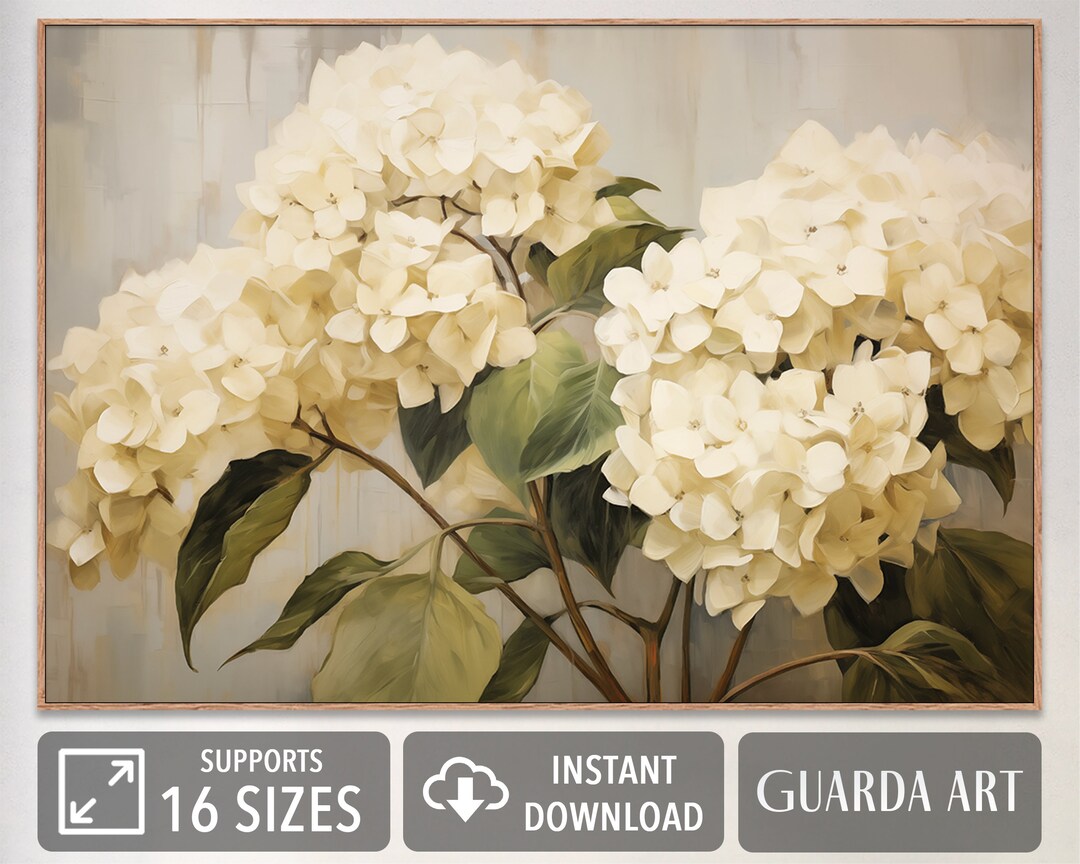 White Hydrangea Green Leaves - Printable Wall Art Beige Neutral ...