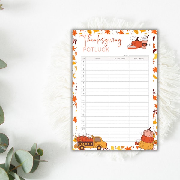 Editable Thanksgiving Potluck Sign Up Sheet, Fall Potluck, Thanksgiving Potluck, Potluck Printable, Instant Download, Work Potluck Sign up
