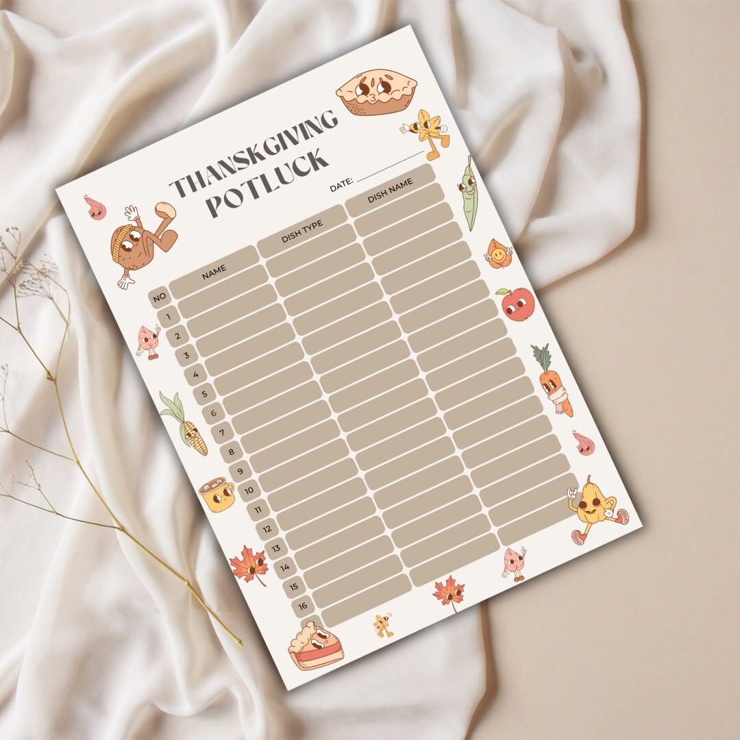 Thanksgiving Potluck Sign up Sheet, Retro Fall Potluck Sheet ...