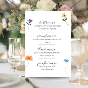 Menu de dîner, menu personnalisé, menu de nourriture de modèle d'été, menu modifiable floral, brunch d'été, modèles pour l'hébergement, menu d'hôtes, été