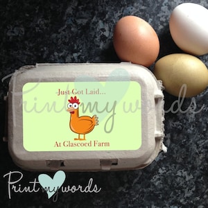 Personalised Just Got Laid Funny Egg Box Labels Stickers Poultry Chicken Hen Carton x 12