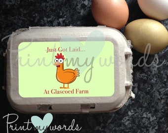 Personalised Just Got Laid Funny Egg Box Labels Stickers Poultry Chicken Hen Carton x 12