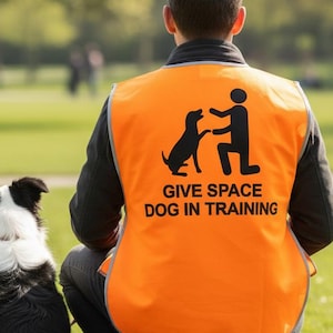 May include: A person wearing an orange vest with the text "GIVE SPACE DOG IN TRAINING" kneels on a grassy field next to a black and white dog. The vest has a graphic of a person and dog.