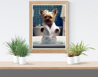 Yorkshire Terrier Portrait with Bathrob, Cute Pet Print, Digital Picture, Pet Memorial gif, Pet Gifts, Digital Art