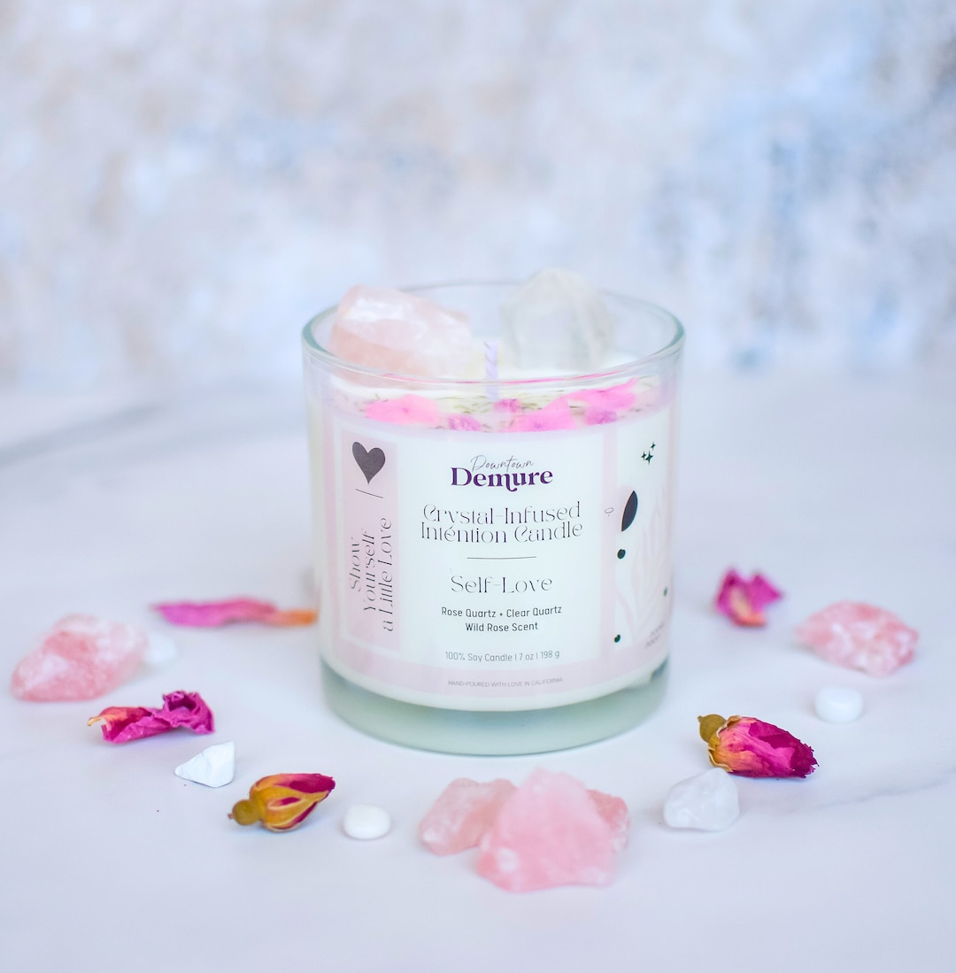 Self Love Soy Intention Candle With Rose Quartz and Rose Scent - Etsy