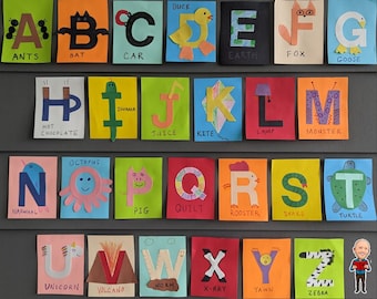 Puede incluir: Un gráfico de alfabeto colorido con cada letra decorada con un animal u objeto diferente. Las letras están recortadas de papel de colores y pegadas sobre un fondo blanco. Las palabras debajo de cada letra están escritas con marcador negro. Las letras son de la A a la Z.