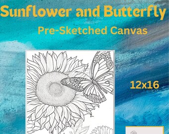 Sunflower and Butterfly/Pre-drawn Outline Canvas /Adult Painting / Paint & Sip / Paint Night / Pre-Sketched