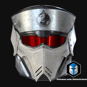 May include: A silver and black futuristic helmet with red visor lenses. The helmet has a distressed finish and a logo on the brow. The bottom right corner has a logo and the text "Patreon.com/GalacticArmory".