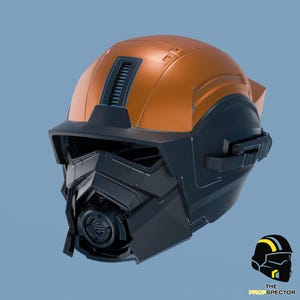 May include: A futuristic helmet in metallic orange and black. The helmet features a complex, angular design with vents and a visor. The Prop Spector logo is in the bottom right corner.