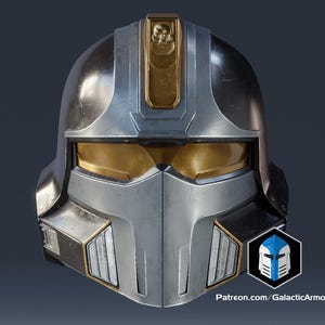 May include: A silver and gold helmet with a visor. The helmet features a skull emblem and gold detailing. The visor is gold. The helmet has a futuristic design, possibly for cosplay or display. The website address is visible.