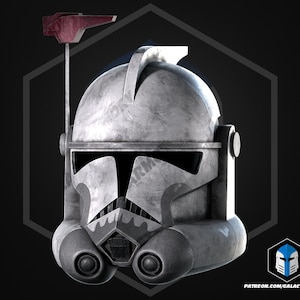 May include: A detailed, weathered grey helmet with a distinctive visor and a red antenna. The helmet has a textured surface and is set against a dark background. The design suggests a futuristic or science fiction theme.