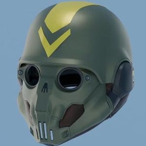 Op de afbeelding: Een donkergroene helm met een gele chevron-design aan de bovenkant. De helm heeft een ingebouwd gezichtsmasker met oogopeningen en ventilatiesleuven. Het ontwerp is gericht op bescherming en heeft een futuristische uitstraling.