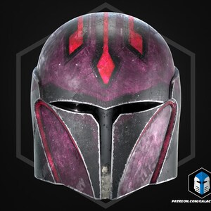 May include: A full-face helmet featuring a weathered black and purple finish with bright red geometric accents on the forehead and cheek plates. The design includes a horizontal visor opening and the text PATREON.COM/GALACTICARMORY at the bottom.