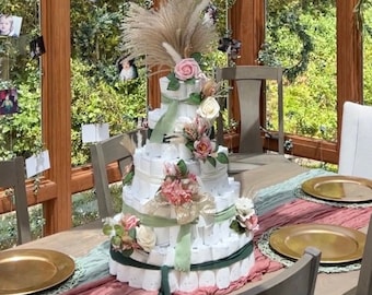 Boho Baby Shower Decor Diaper Cake Sage Green Pink Blush Boho Centerpiece Greenery Diaper Cake Boho Baby Shower Gift Diaper Cake Girl