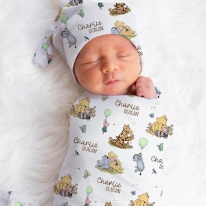Classic Pooh Baby Name Swaddle Blanket Personalized Swaddle Set and Bow Classic Pooh Baby Shower Gift Classic Pooh Nursery Newborn Swaddle