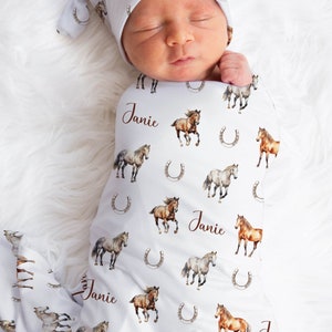 Horse Swaddle Blanket With Name Swaddle Custom Horses Baby Shower Gift For Baby Name Blanket Coming Home Outfit Equestrian Swaddle Baby Girl