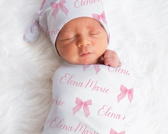 Custom Bow Swaddle Set, Pink Baby Name Swaddle Blanket, Personalized Baby Girl, Hospital Receiving Photo Blanket, Newborn Coming Home Outfit