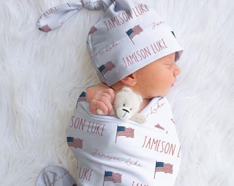 American Flag Swaddle Blanket With Name Custom USA Blanket Personalized 4th of July Baby Swaddle USA Baby Shower Gift For Baby Name Blanket