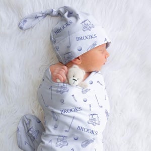 Personalized Golf Boy Swaddle and Hat Custom Golf Baby Blanket Golf Nursery Decor Boy Sport Nursery Bedding Golf |Golfing Monochrome Blue