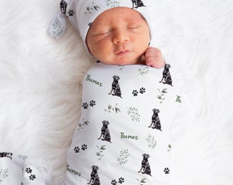Black Lab Baby Swaddle Blanket Yellow Labrador Swaddle With Name Custom Dog Baby Boy Name Blanket Chocolate Lab Baby Clothes | Greenery