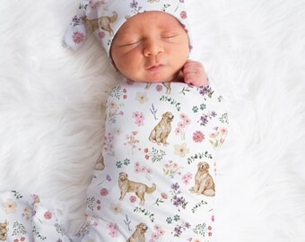 Golden Retriever Swaddle Blanket With Name Wildflower Golden Retriever Baby Girl Newborn Gift Hospital Announcement Blanket | Wildflower