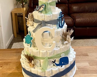 Under The Sea Baby Shower Diaper Cake, Ocean Animals Diaper Cake, Nautical Baby Shower Centerpiece, Diaper Cake Baby Boy