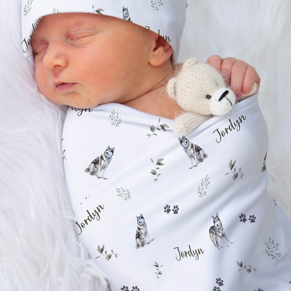 Husky Swaddle Custom Baby Boy Girl Personalized Siberian Husky Swaddle Blanket Hat Receiving Blanket Newborn Coming Home Outfit | Greenery