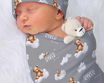 Personalized Teddy Bear Swaddle Blanket, Custom Baby Shower Gift, Custom Teddy Bear Nursery Decor, Gender Neutral Baby Name Blanket For Boys