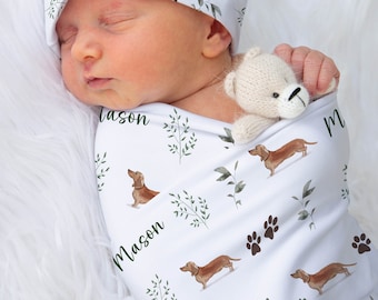 Dachshund Swaddle Set Custom Baby Boy Girl Personalized Doxie Swaddle Blanket Dachshund Receiving Blanket Newborn Coming Home | Greenery