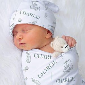 Golf Swaddle Set Personalized Golf Baby Blanket For Girl Golf Theme Nursery Decor Boy Custom Golf Swaddle Blanket | Golfing Monochrome Sage