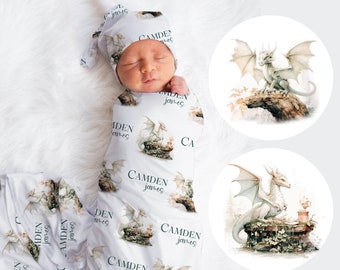 Custom Dragon Swaddle Blanket Set Personalized Mythical Baby Blanket Fairytale Swaddle  Dragon Baby Shower Gift For Boy Custom Name Swaddle
