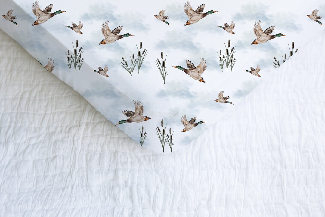 Ducks Crib Sheet, Personalized Duck Hunting Nursery Bedding, Mallard