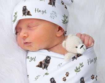 Newfoundland Swaddle Blanket With Name Custom Newfie Blanket Personalized Newfoundland Baby Shower Gift Baby Coming Home Outfit | Greenery