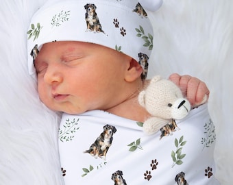 Bernese Mountain Dog Swaddle Custom Baby Boy Girl Personalized Bernese Swaddle Blanket Receiving Blanket Hat Newborn Coming Home | Greenery
