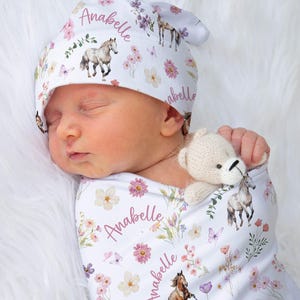 Horse and Flowers Swaddle Blanket With Name, Horses Baby Swaddle Blanket