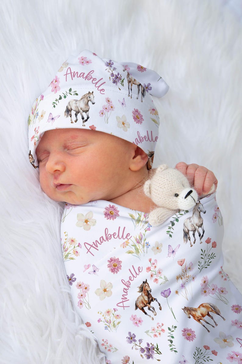 Horse and Flowers Swaddle Blanket With Name, Horses Baby Swaddle Blanket