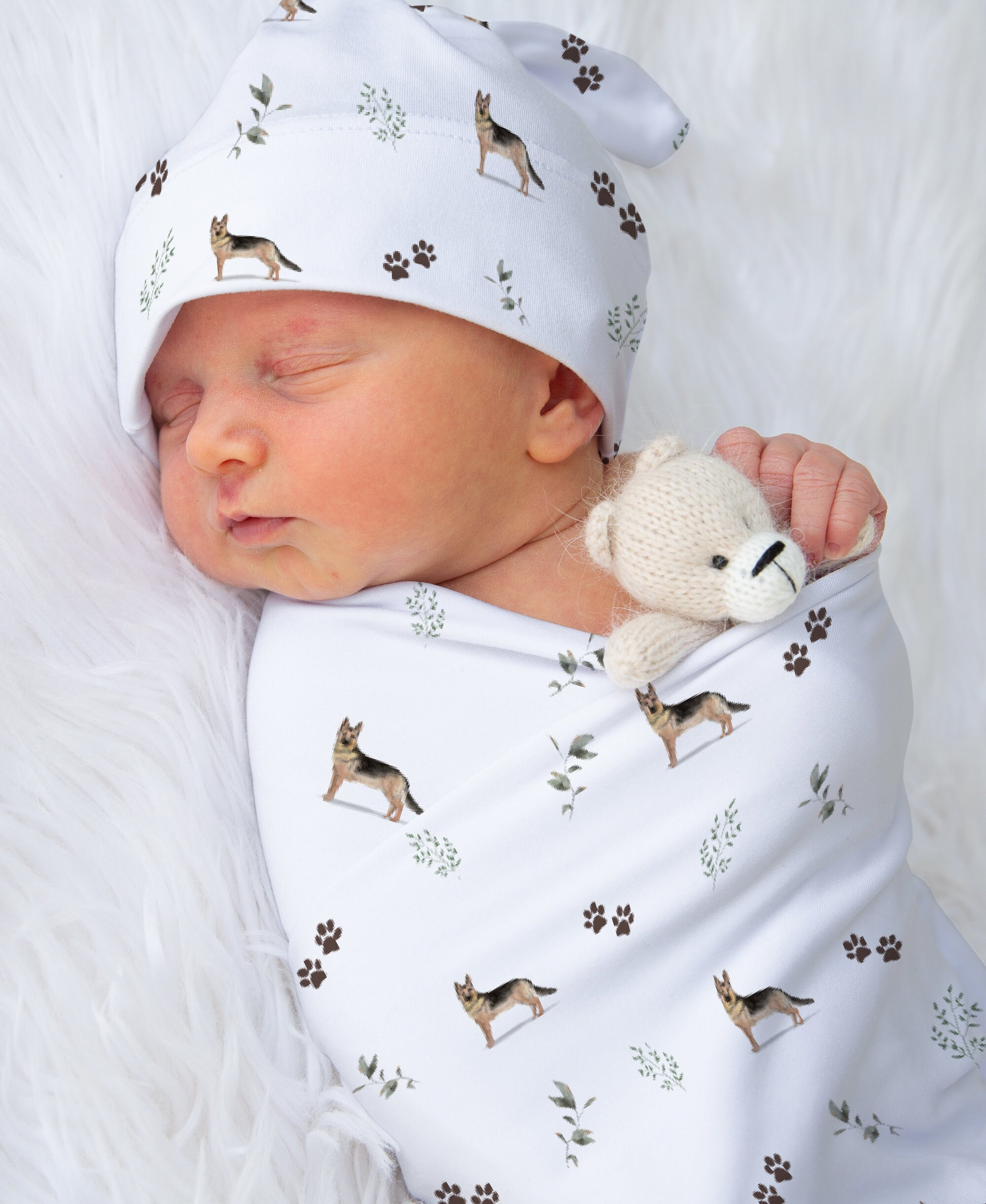 German Shepherd Baby Swaddle Blanket Personalized GSD Swaddle Custom Dog Baby Shower Gift Baby Boy Crib Bedding Baby Girl Name | Greenery