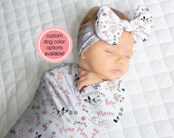 Frenchie Swaddle Blanket With Name Custom Wildflower French Bulldog Blanket Personalized Baby Shower Gift For Baby Name Blanket Girls