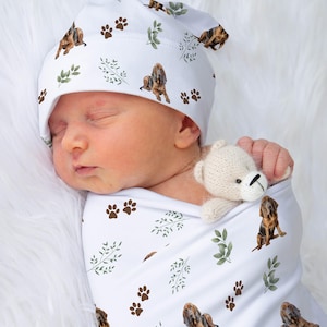 Bloodhound Swaddle Blanket With Name Blood Hound Swaddle Custom Dog Baby Shower Gift For Baby Name Blanket Coming Home Outfit | Greenery
