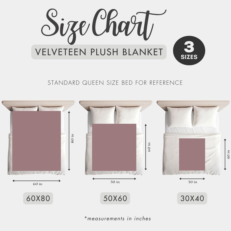 May include: Size chart for a plush velvet blanket showing three different sizes: 60x80 inches, 50x60 inches, and 30x40 inches. The chart shows the blanket on a standard queen size bed for reference.