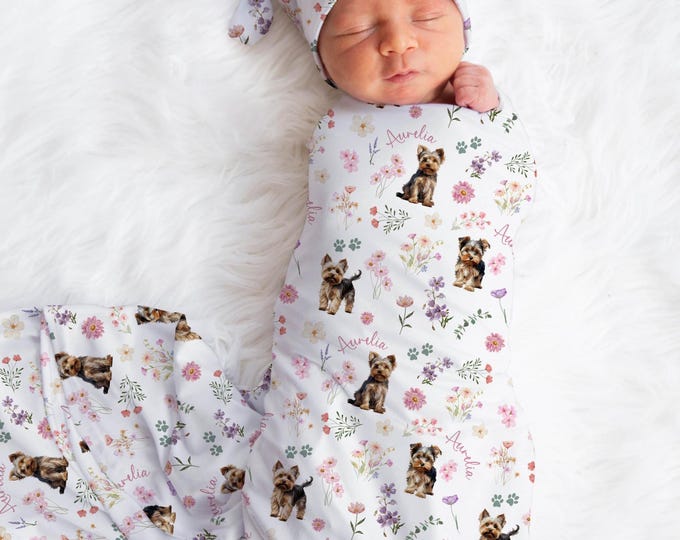 Yorkshire Terrier Swaddle Blanket With Name Wildflower Yorkie Baby Clothes Baby Girl Newborn Gift Hospital Announcement Blanket Coming Home