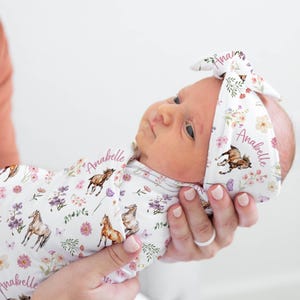 Swaddle Blanket and Headband With Name, Wildflower Horses Baby Swaddle Blanket