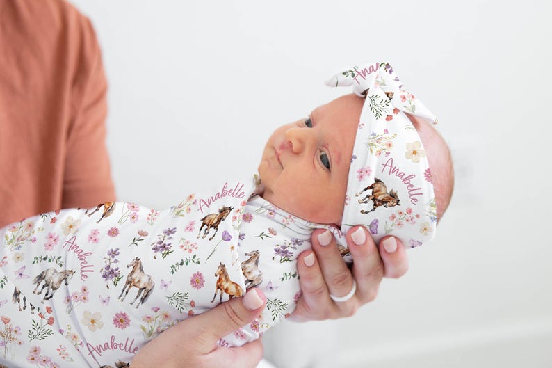 Swaddle Blanket and Headband With Name, Wildflower Horses Baby Swaddle Blanket