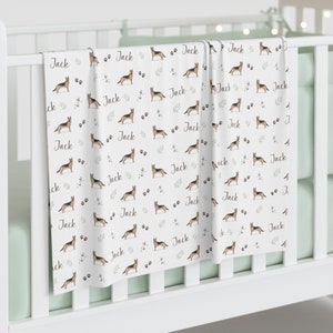 GSD Swaddle, German Shepherd Baby Swaddle Blanket, Dog Baby Shower Gift, Baby Boy Crib Bedding, Baby Girl Name Swaddle Blanket