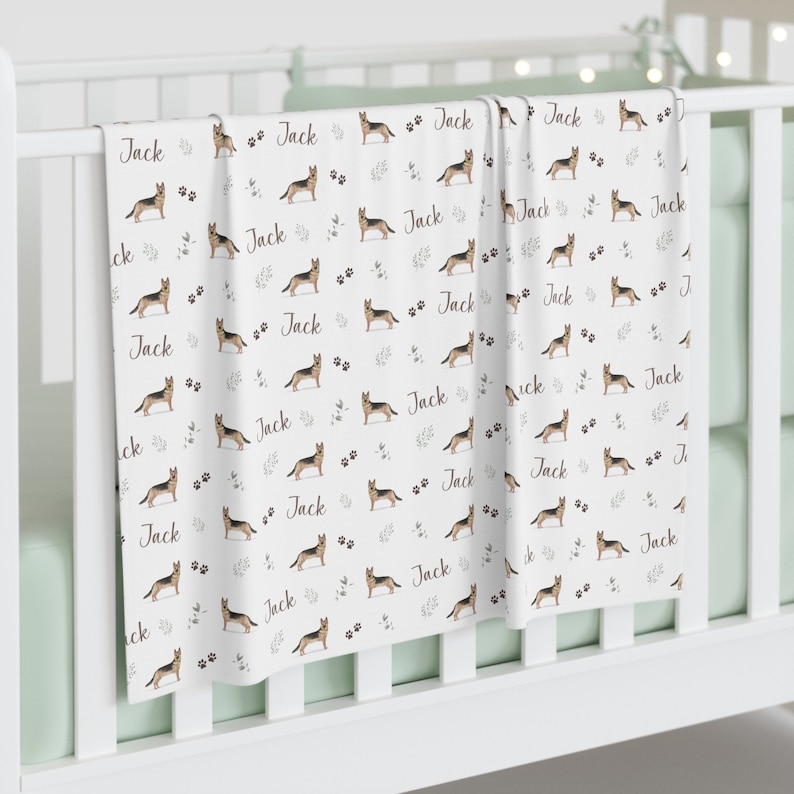 GSD Swaddle, German Shepherd Baby Swaddle Blanket, Dog Baby Shower Gift, Baby Boy Crib Bedding, Baby Girl Name Swaddle Blanket